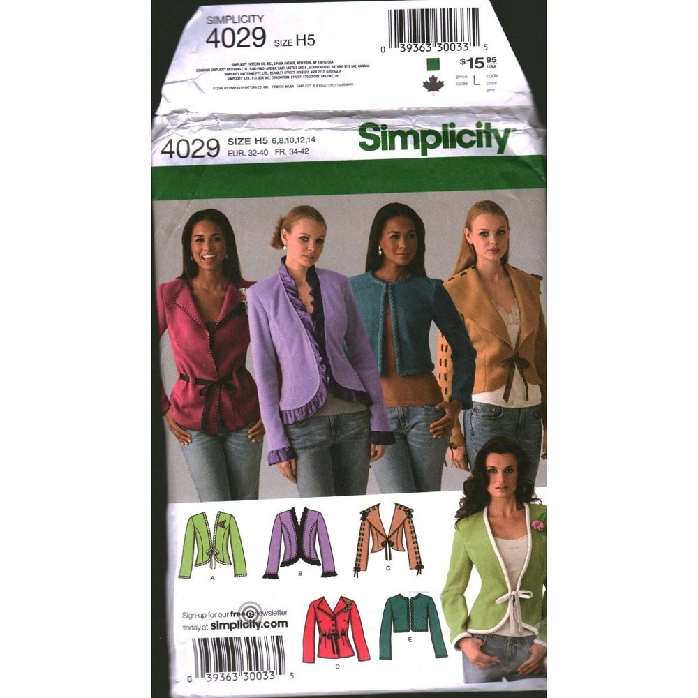 Simplicity 4029 Sewing Pattern Misses Jackets Ruffle Tie‎ Front Size H5 6-10